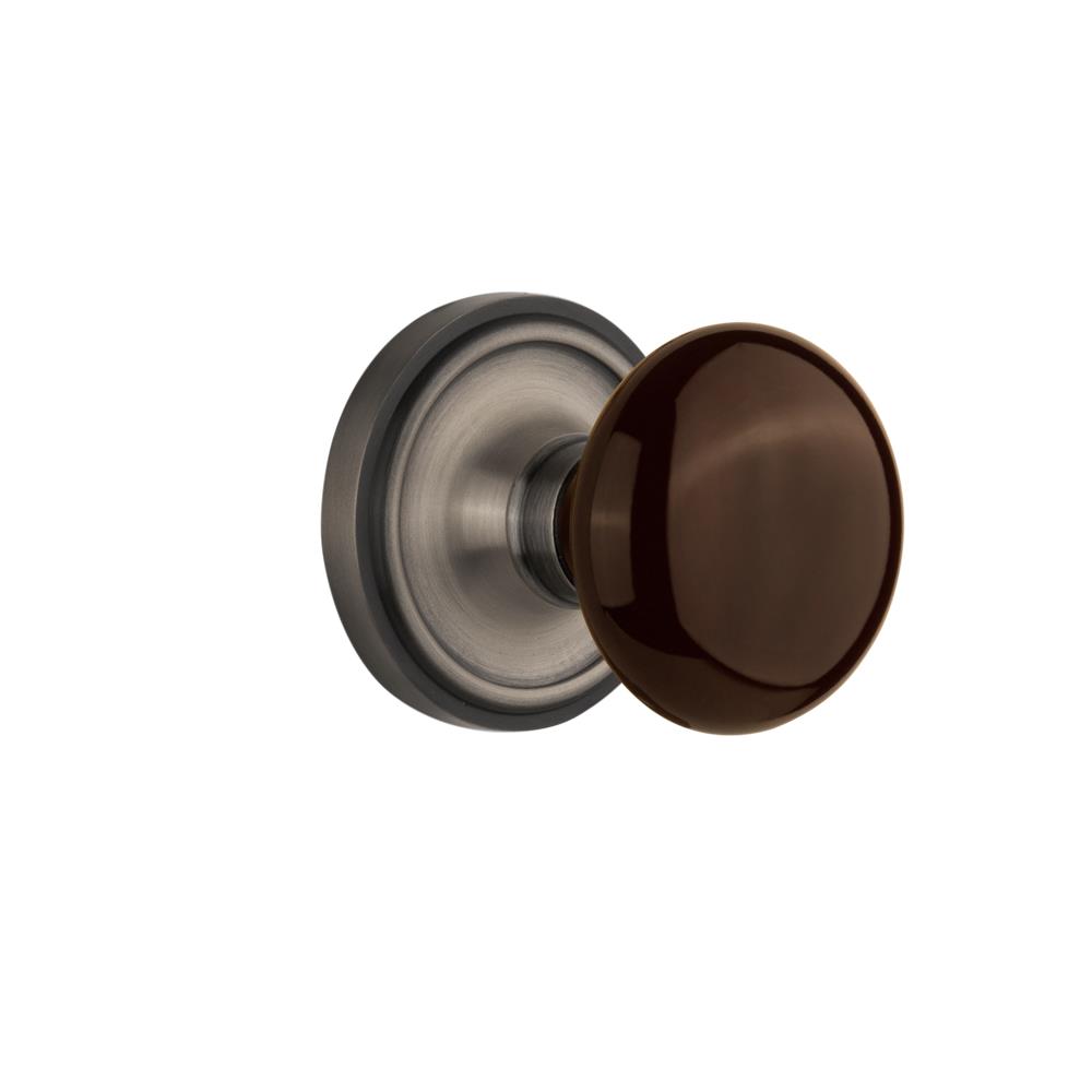 Nostalgic Warehouse CLABRN Privacy Knob Classic Rose with Brown Porcelain Knob in Antique Pewter